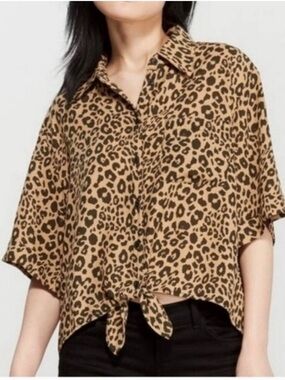 SANCTUARY | Leopard Print Tie-Front Button-Up Top Tan/Olive Women’s Size Medium